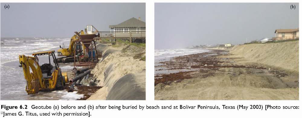 Figure 6.2 Geotube (a) before and 
(b) after being buried by beach sand at Bolivar Peninsula, Texas (May 2003) [Photo source: �James G. Titus, 
used with permission].