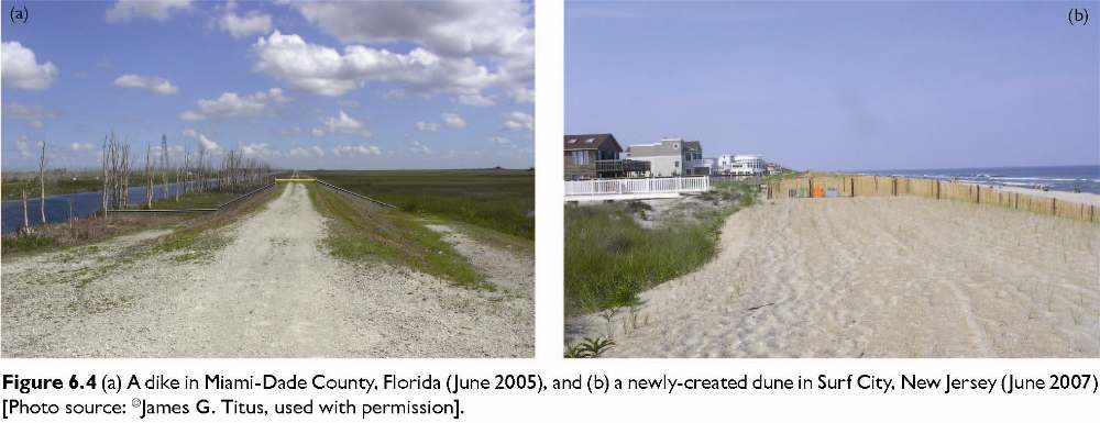 Figure 6.4 (a) A dike in Miami-Dade County, Florida (June 2005), and (b) a newly-created dune in Surf City, New Jersey (June 2007) [Photo source: �James G. Titus, used with permission].
