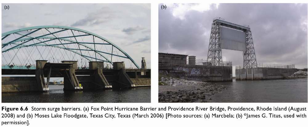 Figure 6.6 Storm surge barriers. (a) Fox Point Hurricane 
Barrier and Providence River Bridge, Providence, Rhode Island (August 2008) and (b) Moses Lake Floodgate, Texas City, Texas (March 2006)
 [Photo sources: (a) Marcbela; (b) �James G. Titus, used with permission].