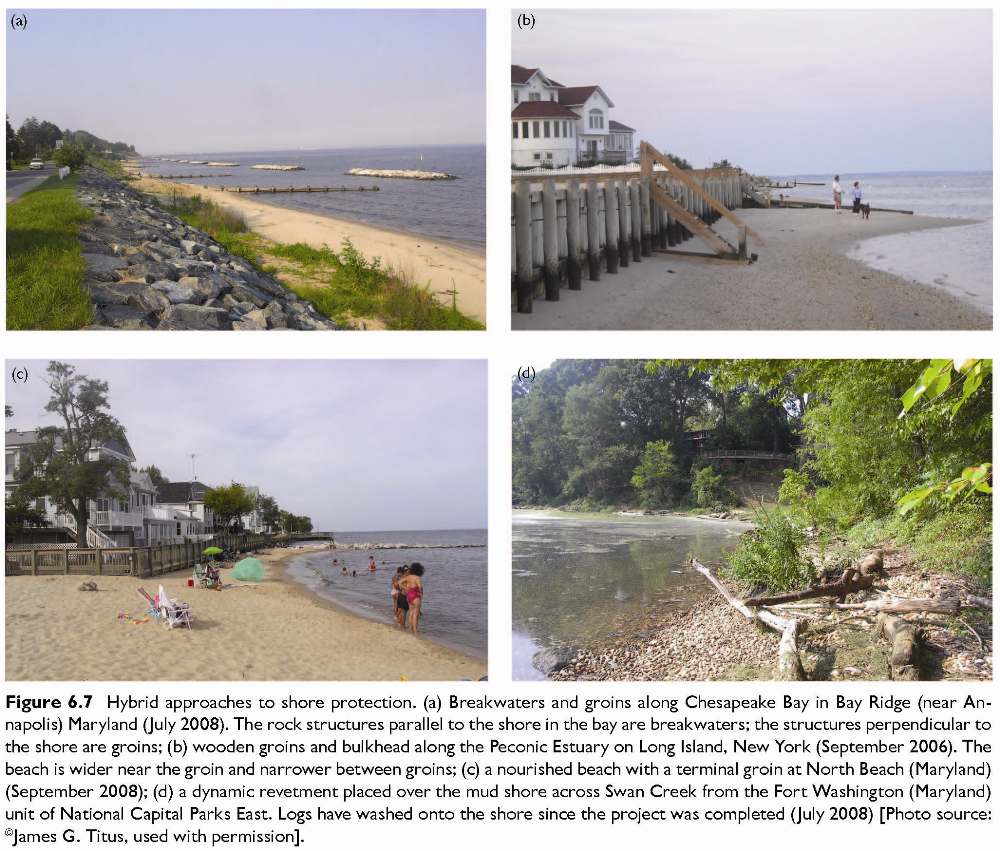 Figure 6.7 Hybrid approaches to shore protection. (a) Breakwaters and groins along Chesapeake Bay in Bay Ridge (near Annapolis) Maryland (July 2008). The rock structures parallel to the shore in the bay are breakwaters; the structures perpendicular to the shore are groins; (b) wooden groins and bulkhead along the Peconic Estuary on Long Island, New York (September 2006). The beach is wider near the groin and narrower between groins; (c) a nourished beach with a terminal groin at North Beach (Maryland) (September 2008); (d) a dynamic revetment placed over the mud shore across Swan Creek from the Fort Washington (Maryland) unit of National Capital Parks East. Logs have washed onto the shore since the project was completed (July 2008) [Photo source: �James G. Titus, used with permission].