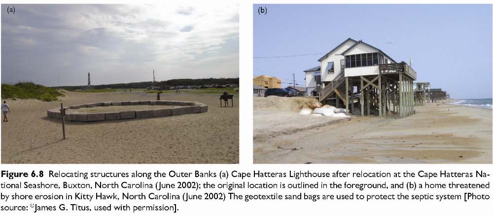 Figure 6.8 Relocating structures along the Outer Banks (a) Cape Hatteras Lighthouse after relocation at the Cape Hatteras National Seashore, Buxton, North Carolina (June 2002); the original location is outlined in the foreground, and (b) a home threatened by shore erosion in Kitty Hawk, North Carolina (June 2002) The geotextile sand bags are used to protect the septic system [Photo source: �James G. Titus, used with permission].